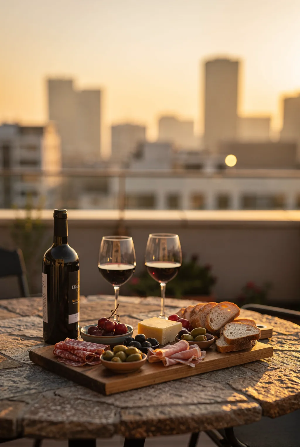 Charcuterie and warm light on a rooftop at sunset