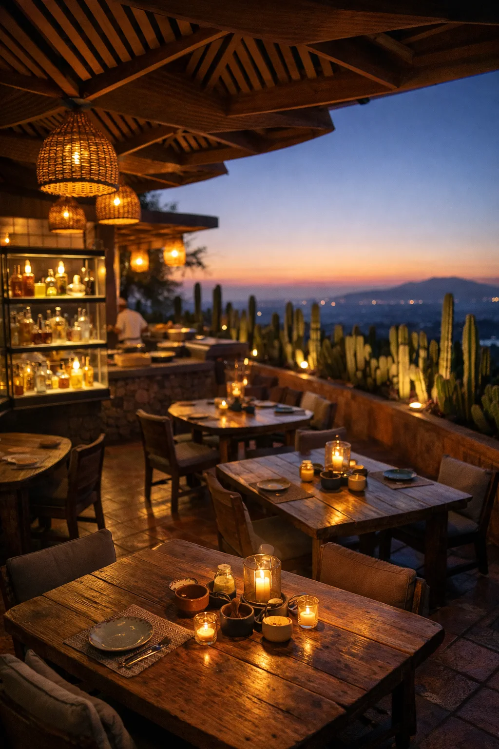 Restaurant terrace with candles at sunset
