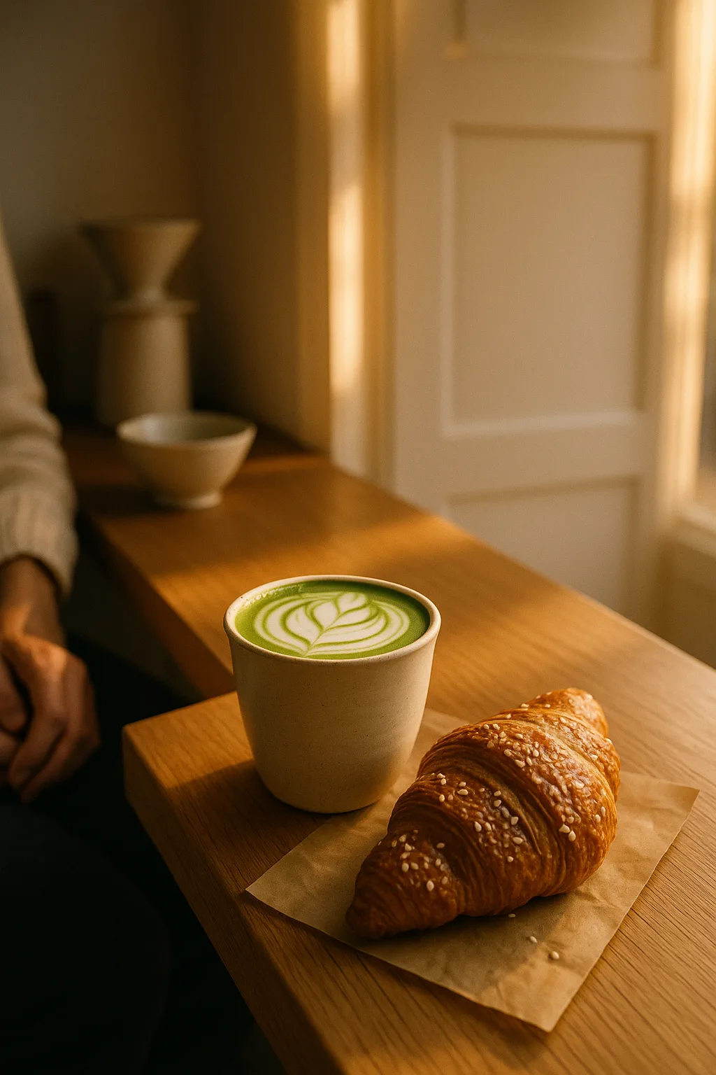 Matcha latte and almond croissant
