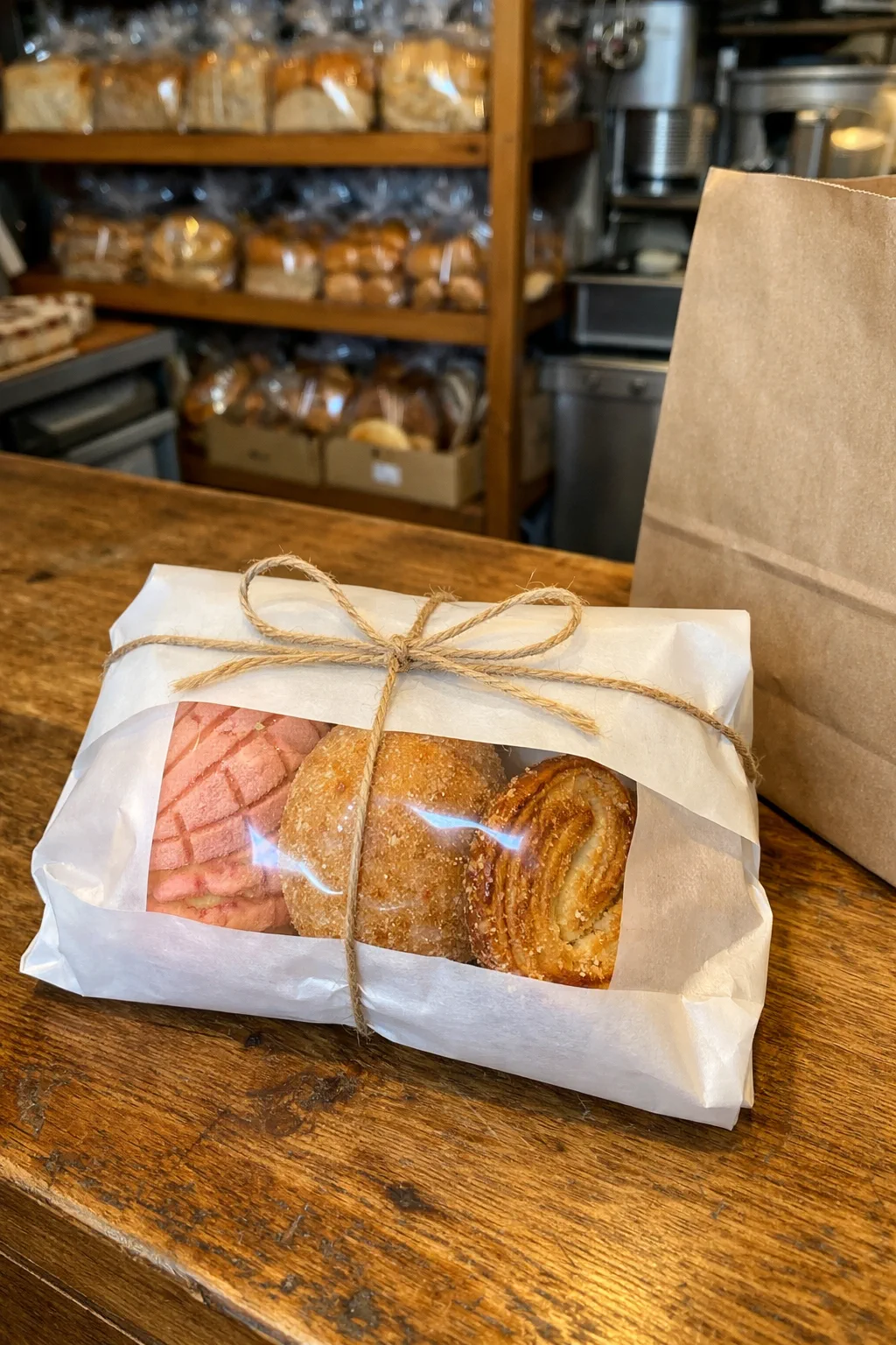 Pastry bag tied with string on wooden counter